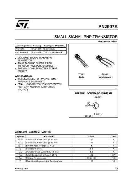 2N2907 General Purpose PNP Switching Transistor