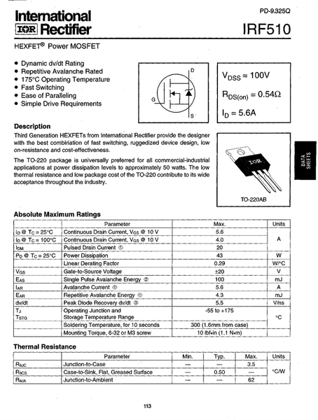 IRF510N MOSFET Transistor 5er Pack – N-Kanal, 100V, 18A, Perfekt Für Power-Projekte