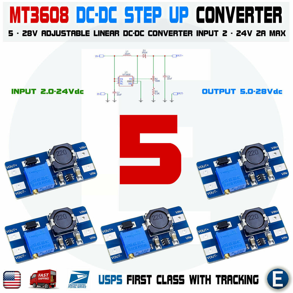 5 Stuks MT3608 DC-DC Step-up Boost Converter – 2A Max, 2,6-24V Ingang, 28V Uitgang, Compacte Module