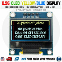 0.96" I2C IIC 128X64 LED OLED LCD  Display Arduino Yellow Blue Color SSD1306 US