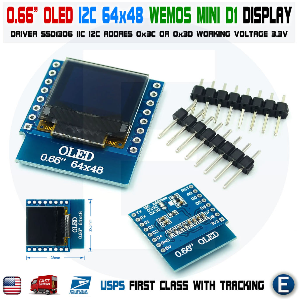 0.66 Inch OLED + Wemos Mini D1 ESP8266 ch340g WIFI 64x48 SSD1306 Arduino - eElectronicParts