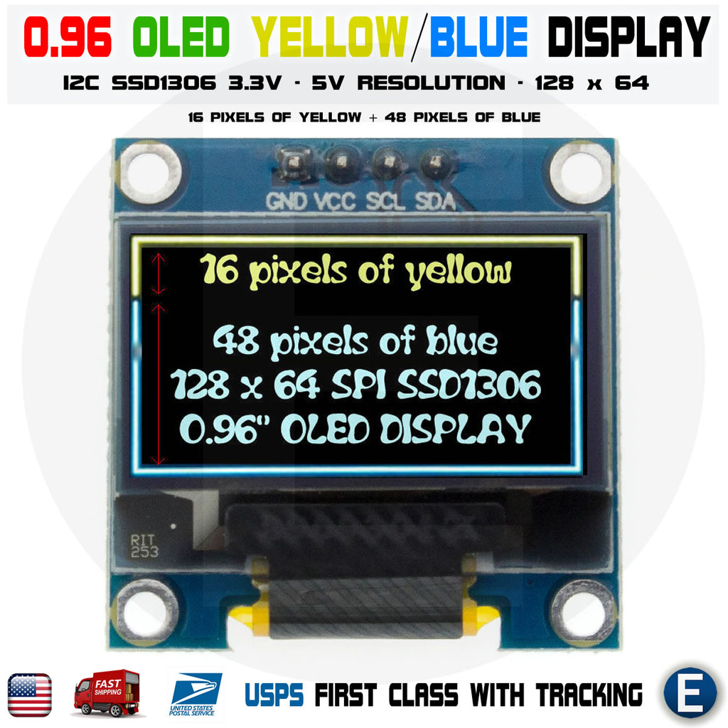 0.96" I2C IIC 128X64 LED OLED LCD  Display Arduino Yellow Blue Color SSD1306 US