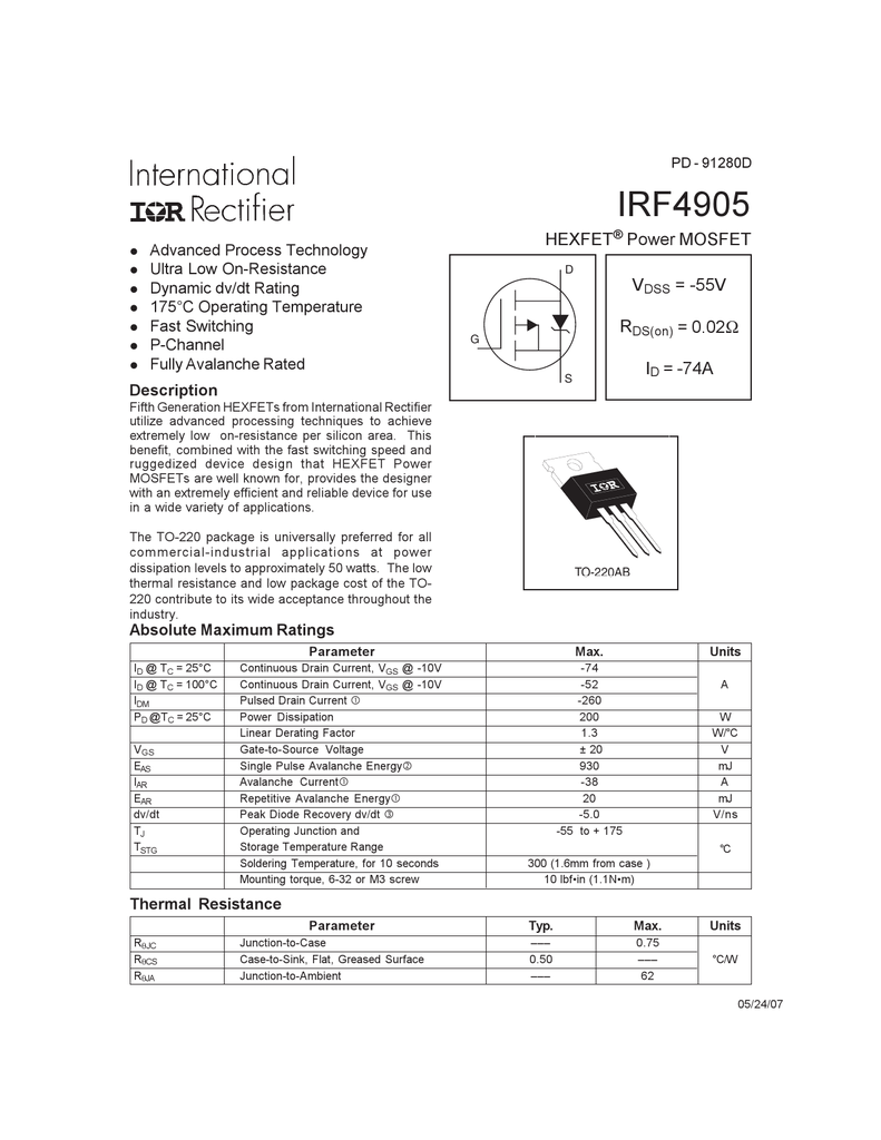 10pcs IRF4905 IRF4905PBF MOSFET FET P-Channel 55V 75A 200W Transistor ...