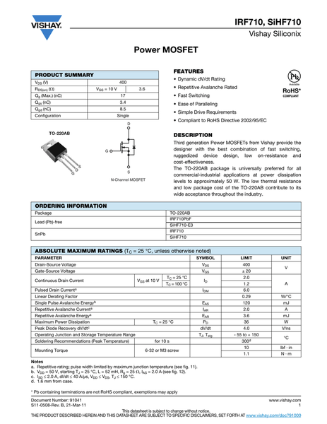 5pcs IRF710 N-Channel Power MOSFET Transistor, 2A 400V IR N-Channel TO ...