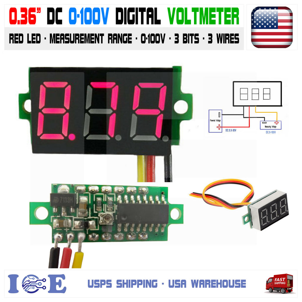 1pcs 0.36" RED DC 0-100V 3 Wire LED Digital Display Panel Volt Meter Voltmeter - eElectronicParts