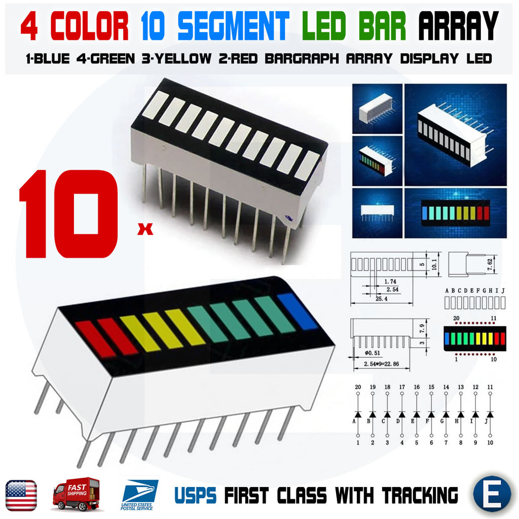 Kit DIY Affichage à Barres LED 10 Segments (rouge, Jaune, Bleu, Vert) + Contrôleur LM3914N-1 - Pour Projets électroniques