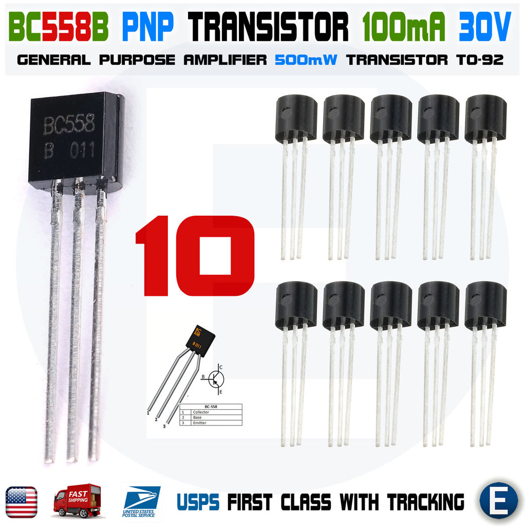 10 x BC558B BC558 Silicon PNP Transistors 30V 100mA 500mW Amplifier TO-92 Case - eElectronicParts