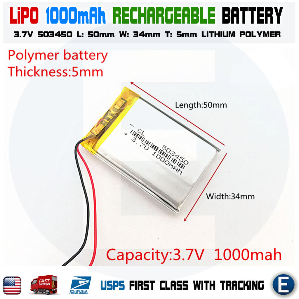 1000mAh 3.7V lipo rechargeable Battery 503450 polymer lithium Li-Po USA - eElectronicParts