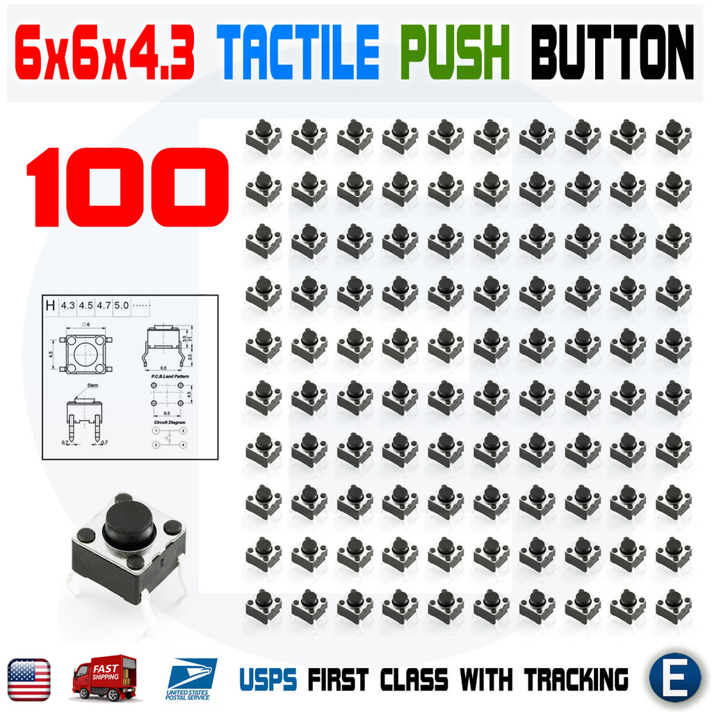 100Pcs 6x6x4.3mm PCB Momentary Tactile Tact Push Button Switch 4 Pin DIP Micro Mini
