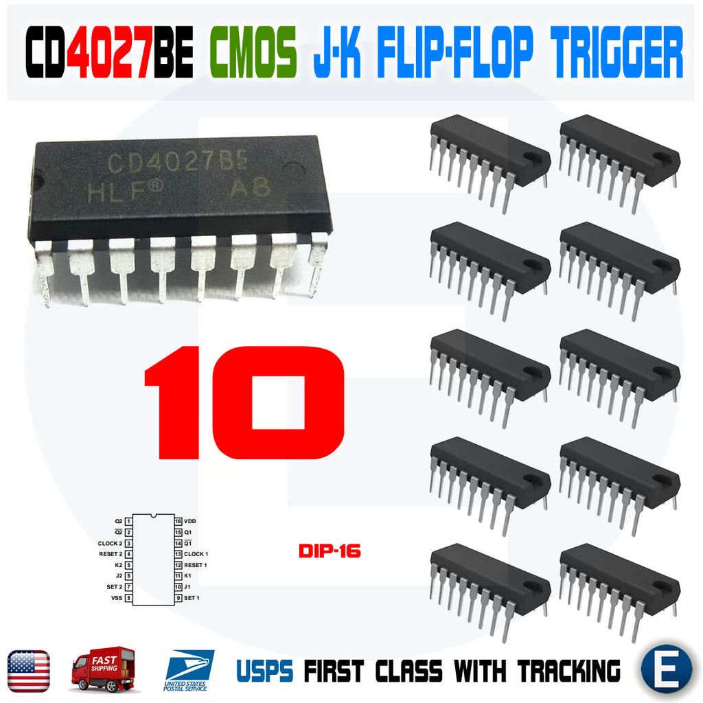 10pcs CD4027BE CD4027 CMOS IC Chip Dual Master-Slave J-K Type Flip-Flop Trigger DIP-16