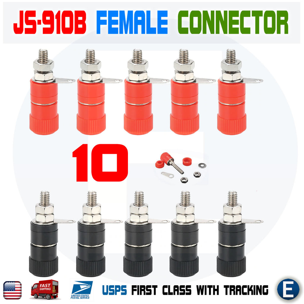 10pcs Terminal Blocks JS-910B 4mm Red+Black Female Connector Binding Post Banana Plug Jack Mount