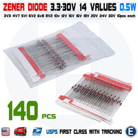 140pcs  Zener Diode 14 Values 1/2W 0.5W 3.3-30V Regulator Assorted Assortment Set - eElectronicParts