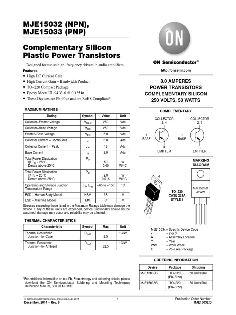 Transistor BJT MJE15032G TO-220 8A 250V NPN ON SEMI - Power Circuit Transistor BJT MJE15032G TO-220 8A 250V NPN ON SEMI - Power Circuit