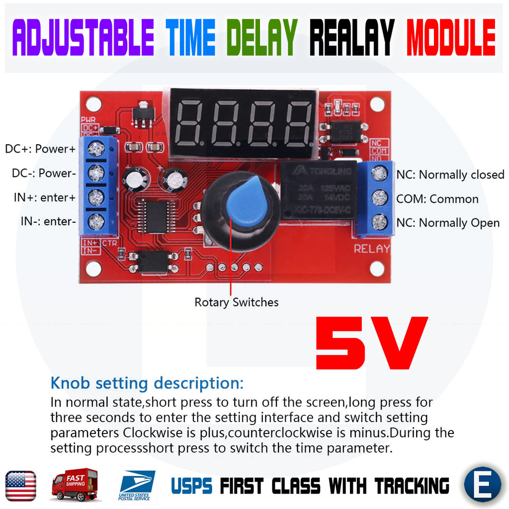 DC 5V 10A Adjustable Time Delay Relay Module LED Digital Timer Rotary ...