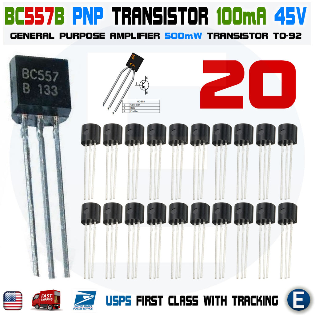 20 x BC557B BC557 Silicon PNP Transistors 45V 100mA 500mW Amplifier TO-92 Case - eElectronicParts