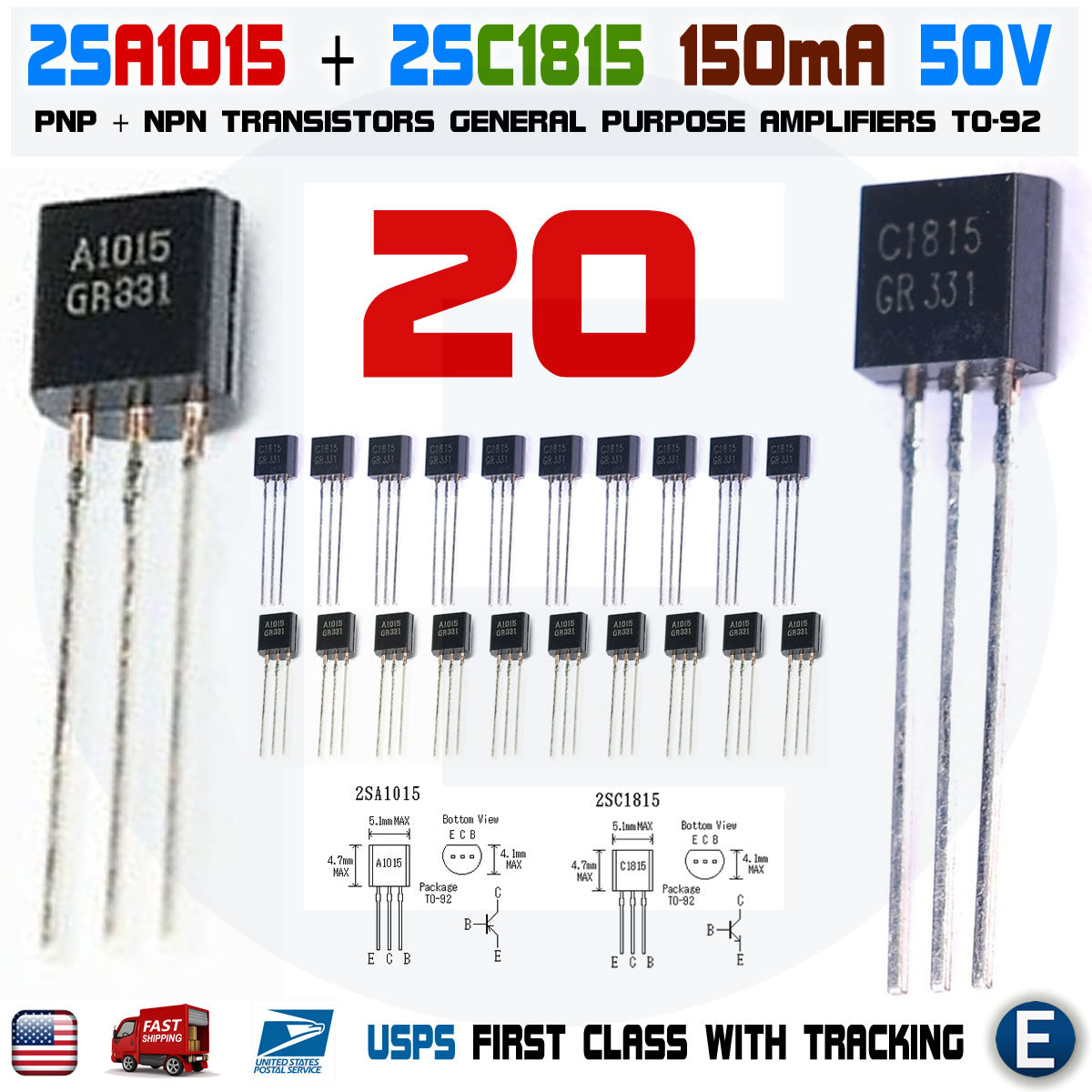 Transistor Segnale 150mA 50V 20 Transistor Toshiba 2SA1015 (PNP) E 2SC1815 (NPN) - TO-92, Per Circuiti Elettronici, Audio, Switching Alimentatore 5 V 10 A - Foto 12