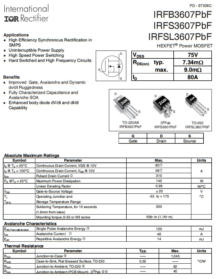 IRFB3607PBF - N-Channel Mosfet 75V 80A | Mosfets | PTR007172 IRFB3607PBF - N-Channel Mosfet 75V 80A | Mosfets | PTR007172