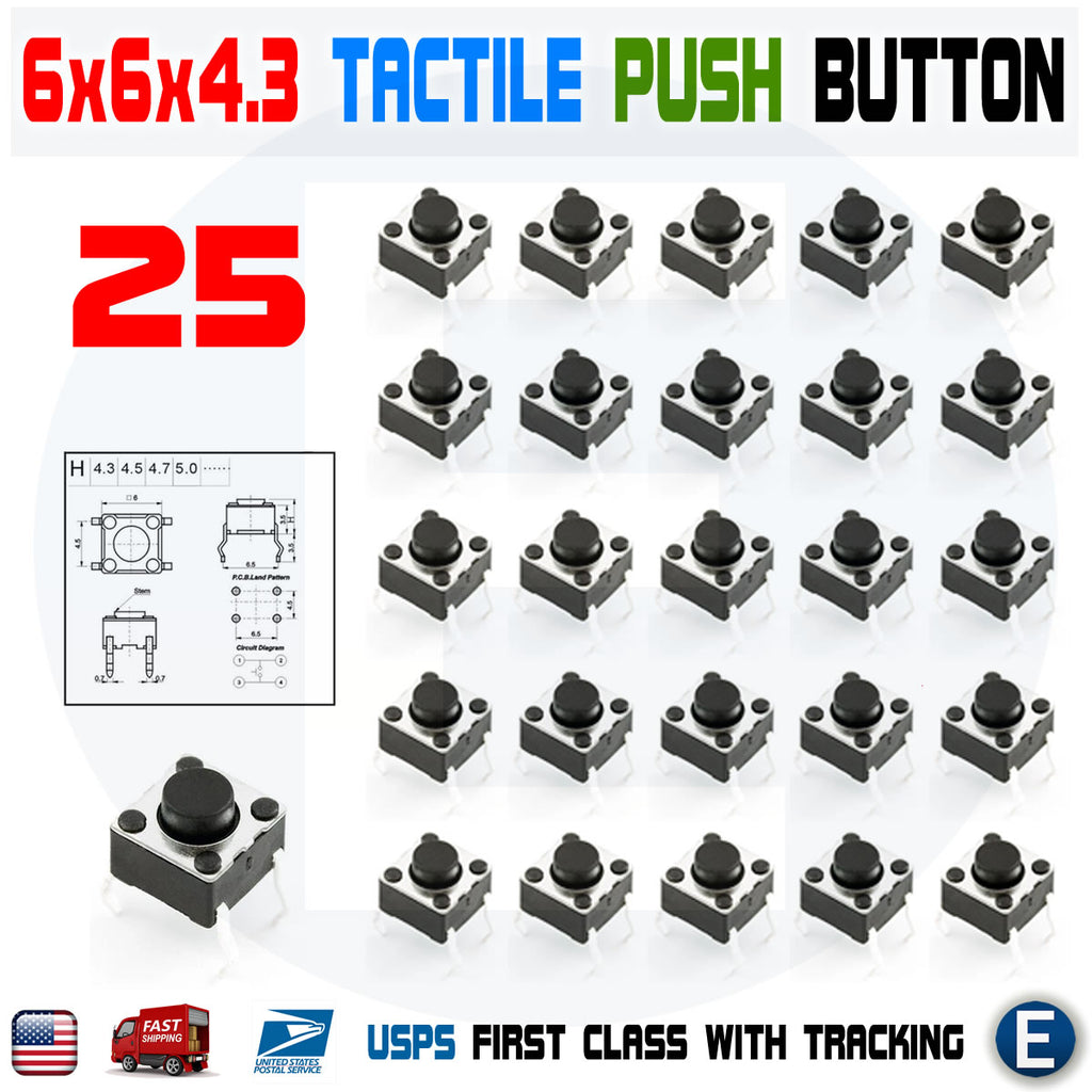 25Pcs 6x6x4.3mm PCB Momentary Tactile Tact Push Button Switch 4 Pin DIP Micro Mini