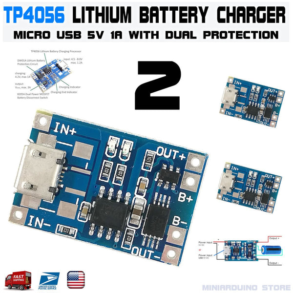 Lot De 2 Modules Chargeur TP4056 - Pour Batteries Li-Ion/Li-Po 5V 1A, Neufs