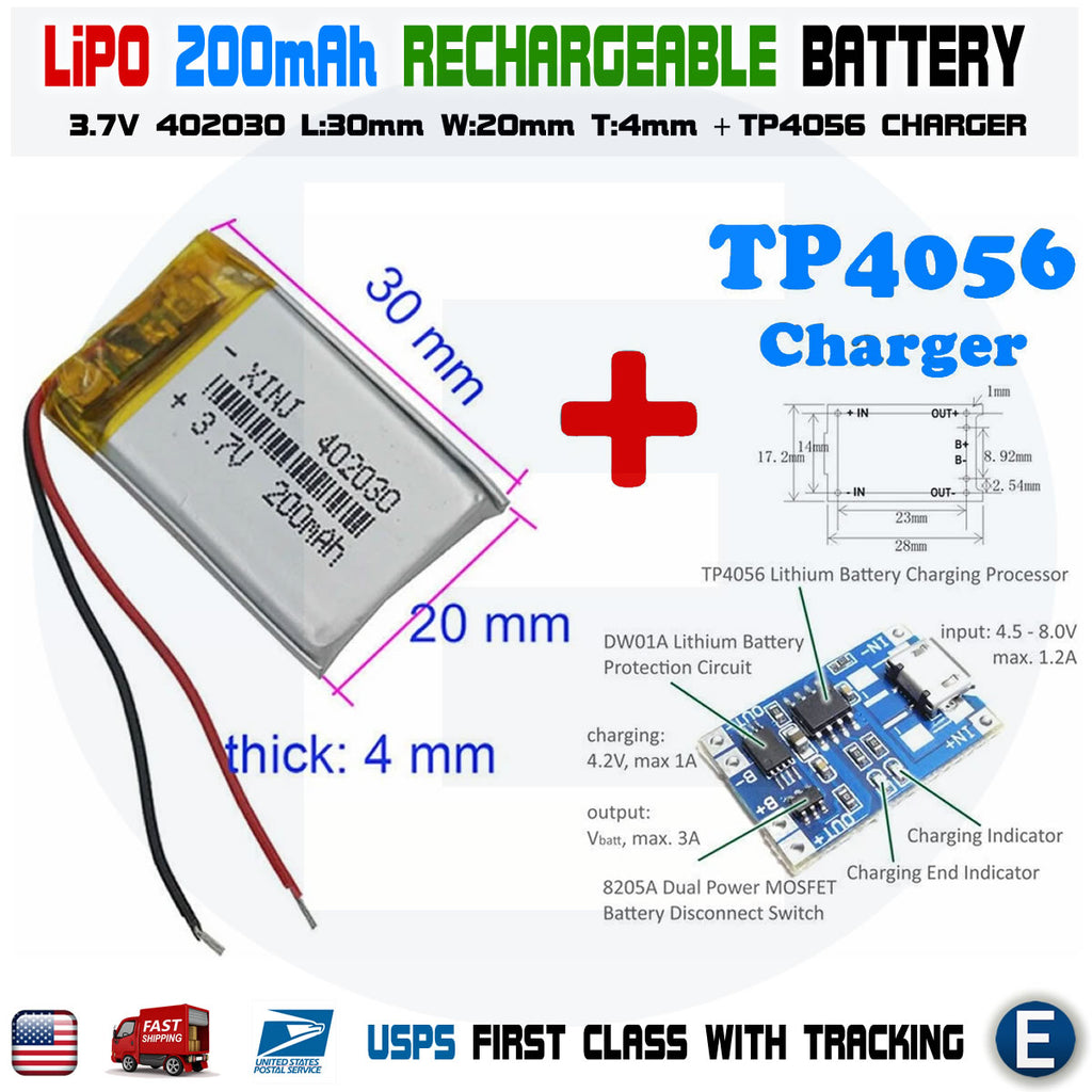 TP4056 + 3.7v 200 mAh Rechargeable Lithium Battery LiPo 402030 polymer DIY Micro - eElectronicParts