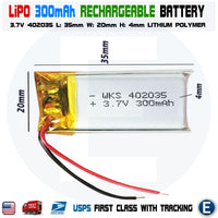 3.7V 300mAh 402035 Polymer Lithium LiPo Rechargeable Battery - eElectronicParts