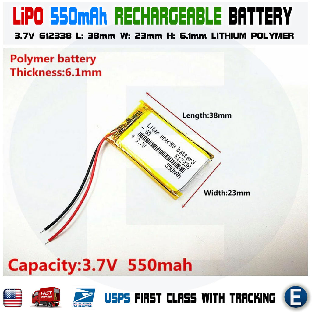 3.7V 550mAh 612338 lithium polymer lipo rechargeable battery - eElectronicParts