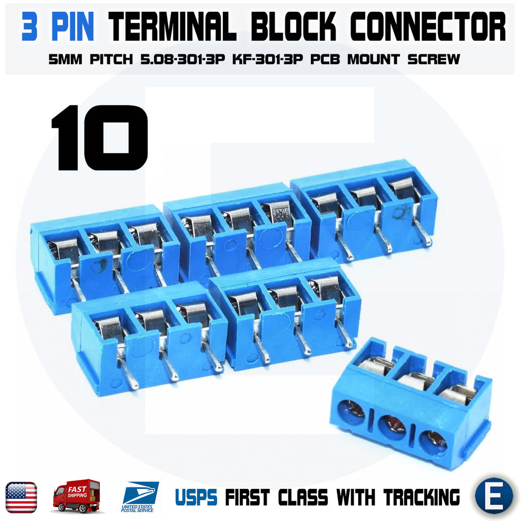 10PCS 3 Pin Screw Terminal Block Connector Blue PCB Mount KF301-3p 5mm - eElectronicParts