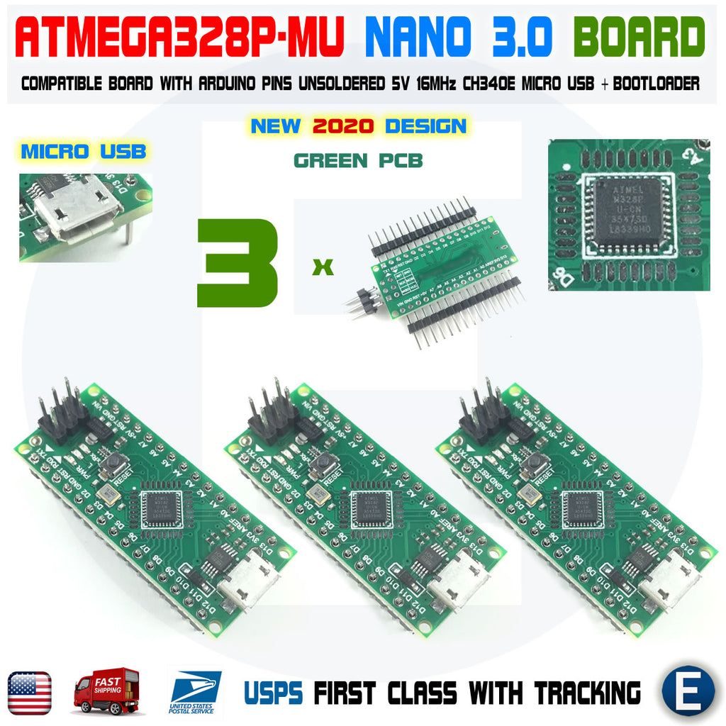 3 x Nano V3.0 Compatible Board ATmega328P-MU for Arduino USB Micro Unsoldered - eElectronicParts