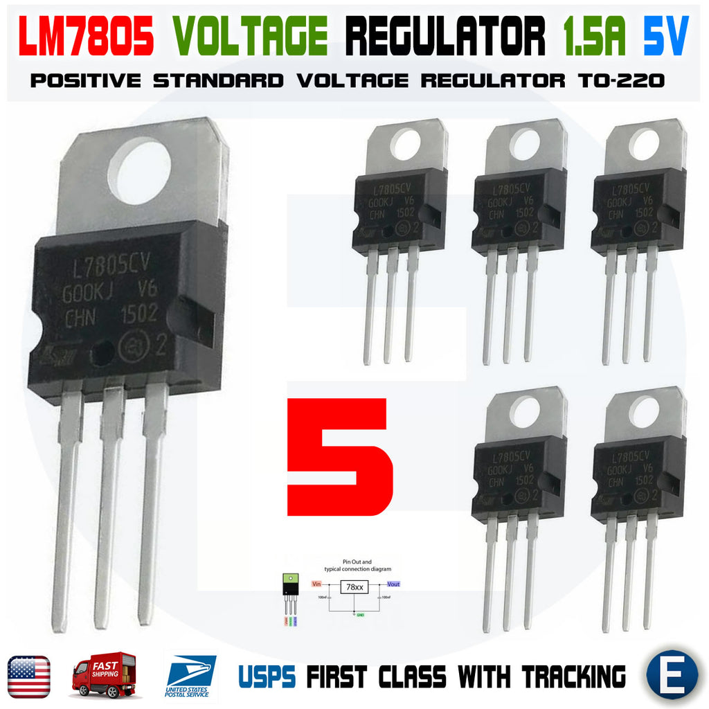 5 x LM7805 L7805 7805 IC Positive Voltage Regulator 5V 1.5A TO-220 USA - eElectronicParts