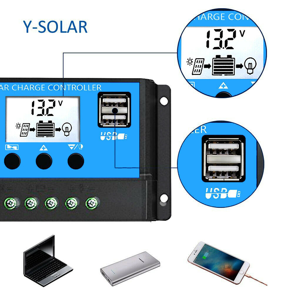10A Solar Controller 12V 24V Auto PWM Regulator Charger Home System LCD USB 5V