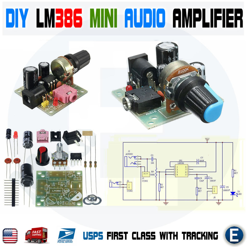 LM386 Super Mini Audio Amplifier  DIY Kit Board  35x37mm 3-12V - Unsoldered - eElectronicParts