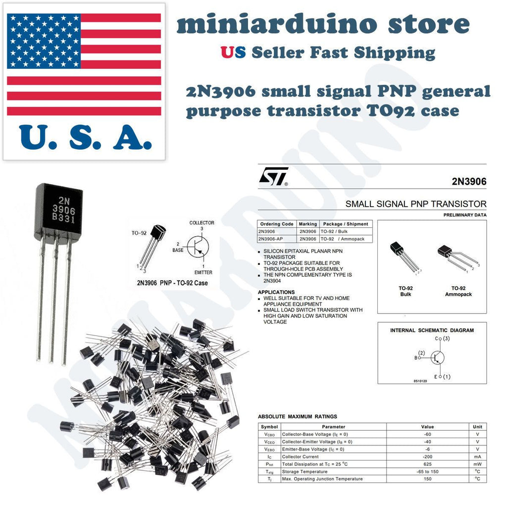 100Pcs 2N3906 TO-92  common PNP bipolar junction general purpose transistor USA - eElectronicParts