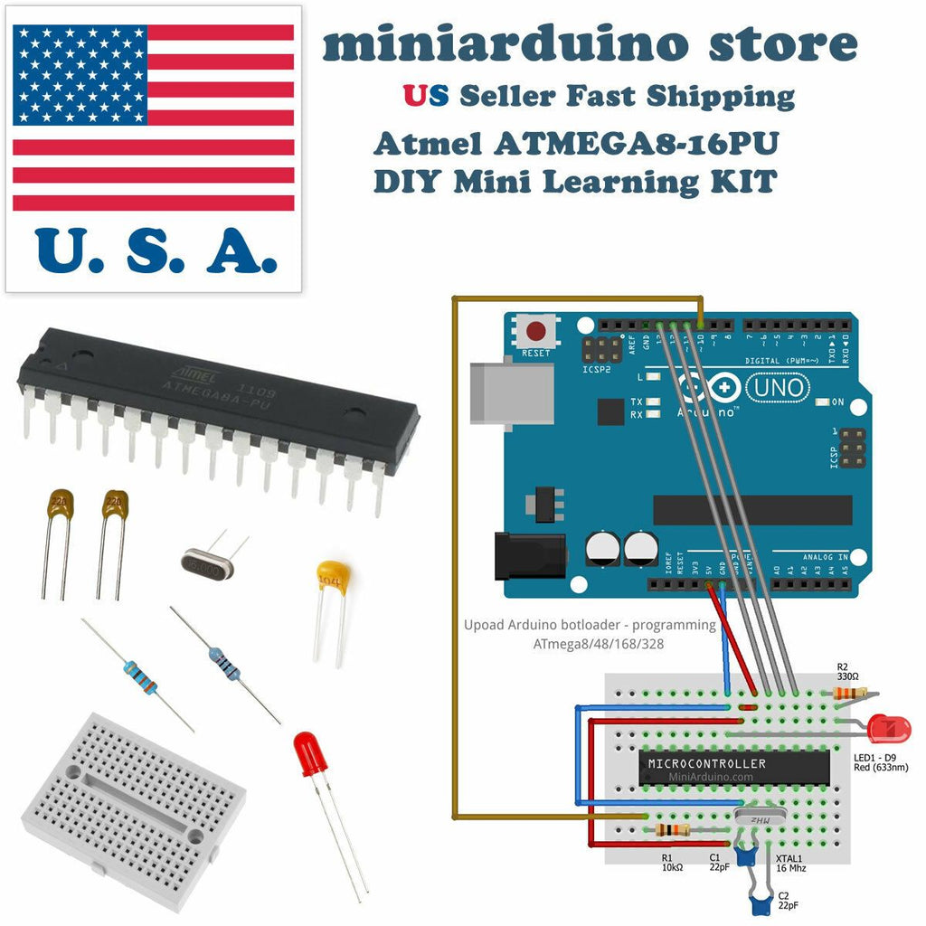 ATmega8-16pu DIY arduino Mini Learning Kit 22pF 100nF 16MHz crystal breadboard - eElectronicParts