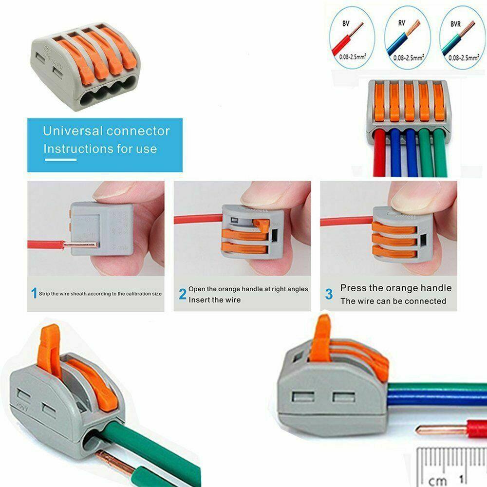 500x PCT-212 222 Elektrische Reihenklemme – Drahtverbinder 12V-240V, CE/RoHS (grau/orange)