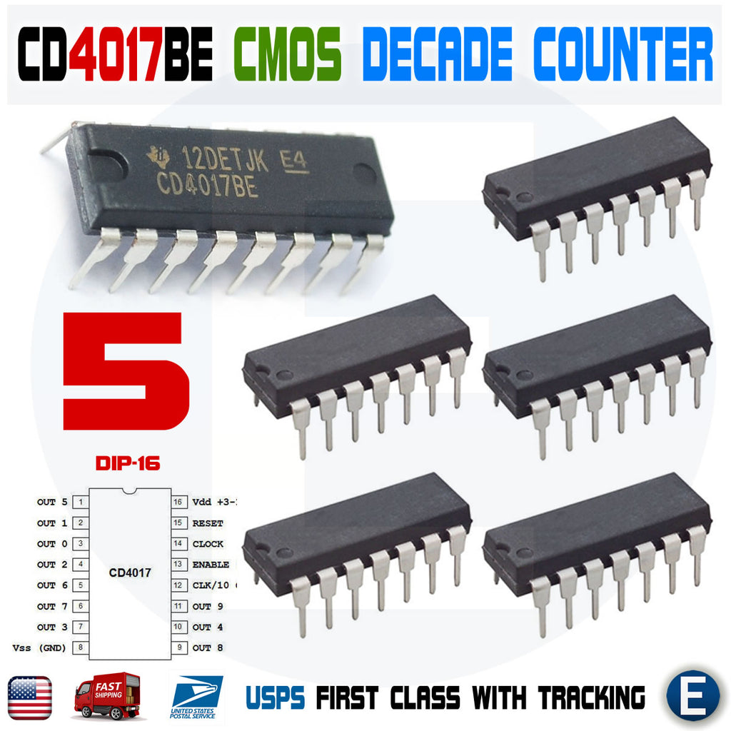 5pcs CD4017 CMOS Decade Counter Driver IC 4017 CD4017BE DIP-16 CD4017B - eElectronicParts