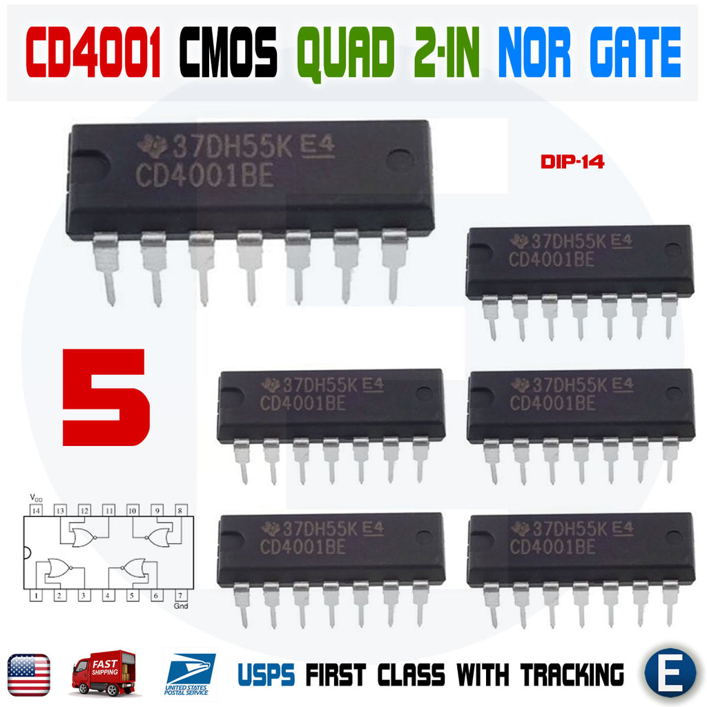 5PCS CD4001BE CD4001 CMOS QUAD 2 IN NOR Gate Dip 14 IC EElectronicParts 5pcs-cd4001be-cd4001-cmos-quad-2-in-nor-gate-dip-14-ic-eelectronicparts