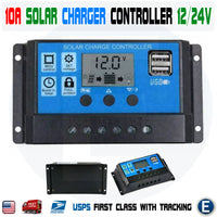 10A Solar Controller 12V 24V Auto PWM Regulator Charger Home System LCD USB 5V