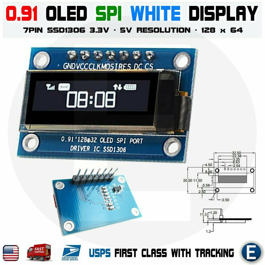 0.91 Inch SPI 128x32 White OLED Display Module SSD1306 Driver IC DC 3.3V-5V For Arduino PIC - eElectronicParts