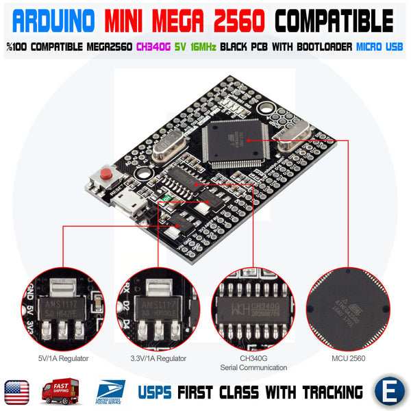 Arduino Mega 2560 PRO Embedded, MCU mini Mega2560, micro USB CH340G 20 ...