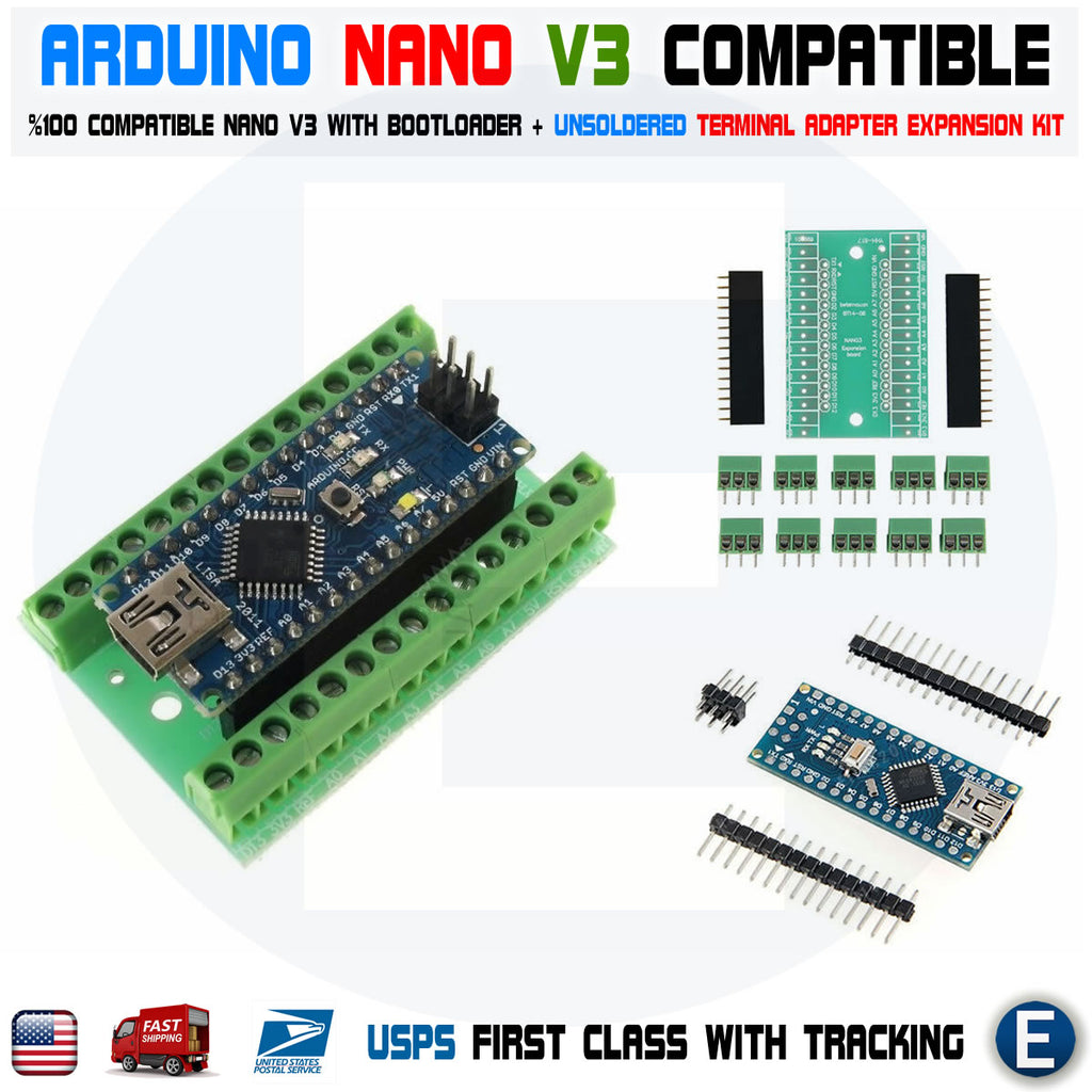 Arduino Nano V3.0 ATmega328 CH340G 5V 16MHz + Terminal Adapter Expansi ...