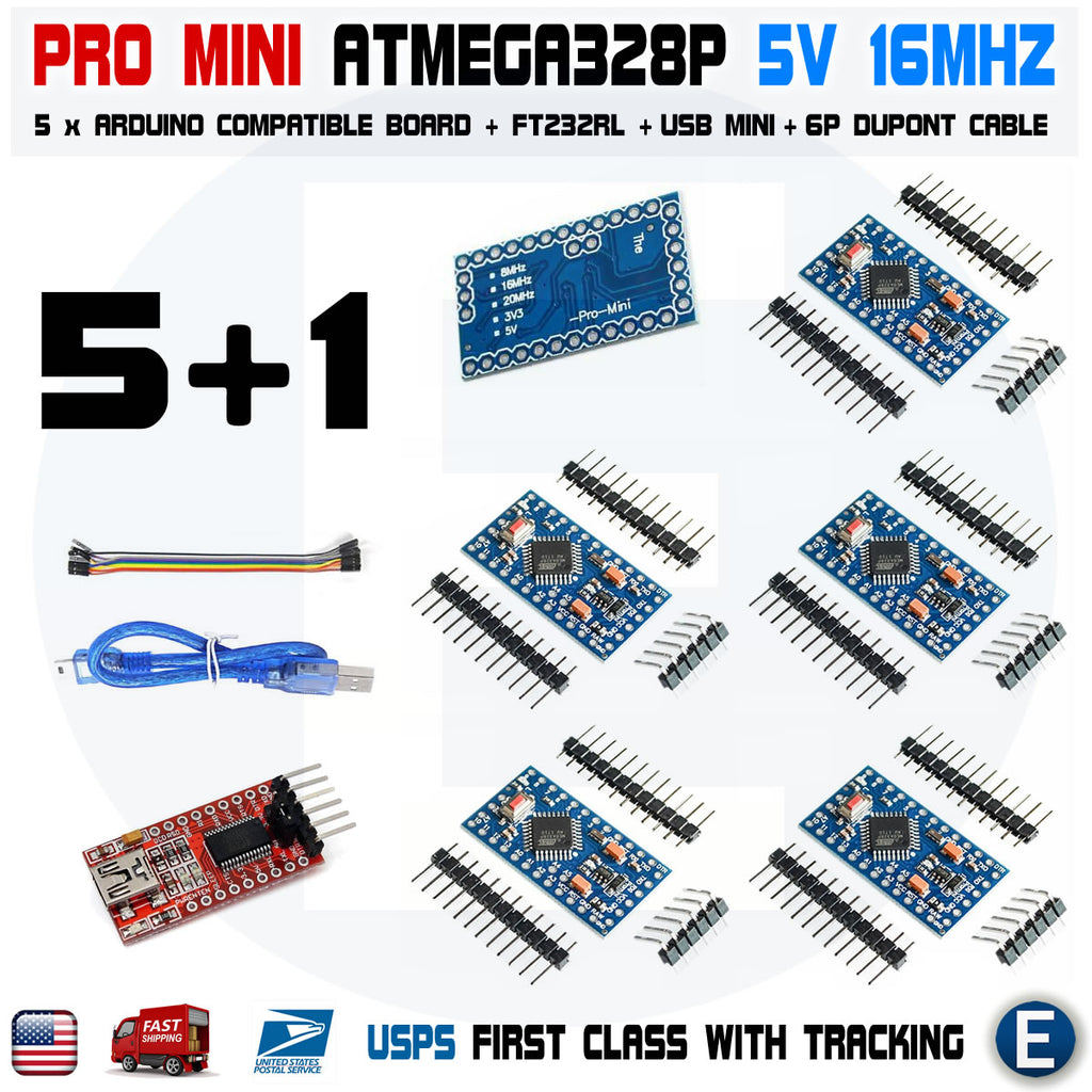 5Pcs Atmega328P Pro Mini Board 5V 16MHz FT232RL FTDI Cable Mini USB for Arduino - eElectronicParts