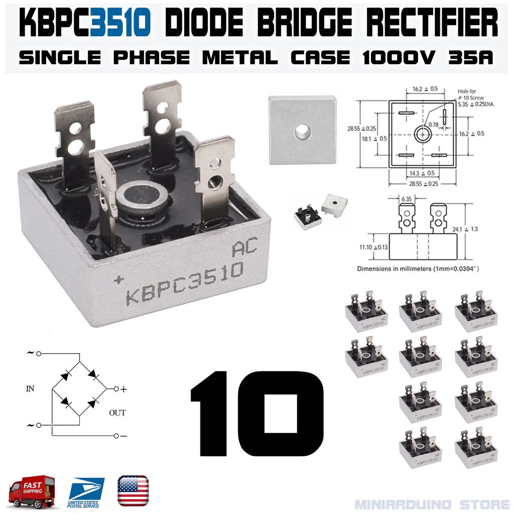 10pcs KBPC3510 Diode Bridge Rectifier Single Phase Metal Case 1000V 35A - eElectronicParts