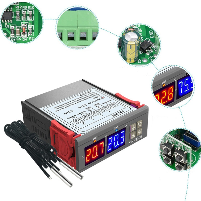 STC-3008 110V Dual LED Digital Thermostat Temperature Controller + 2 NTC Probe - eElectronicParts