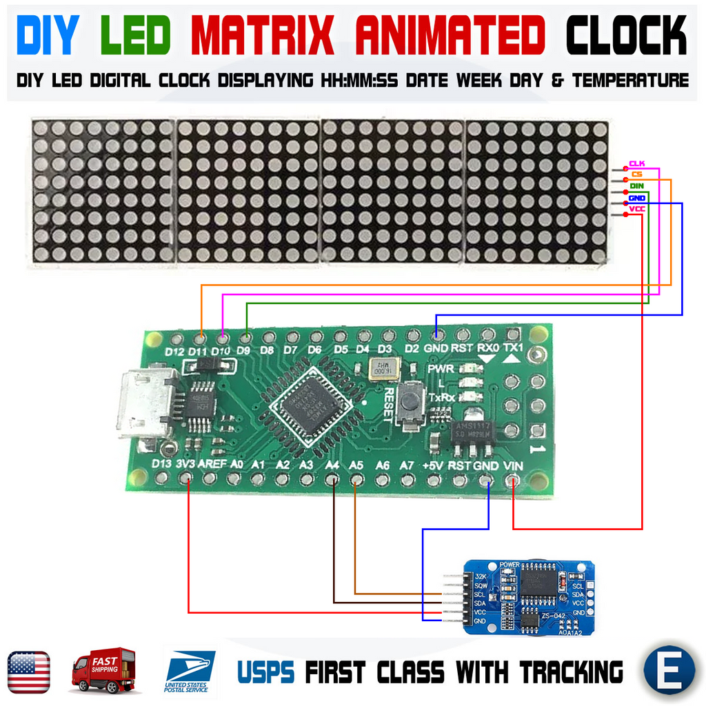 Arduino Digital LED Matrix Clock Nano MAX7219 Date Temperature DS3231 RTC DIY RED - eElectronicParts