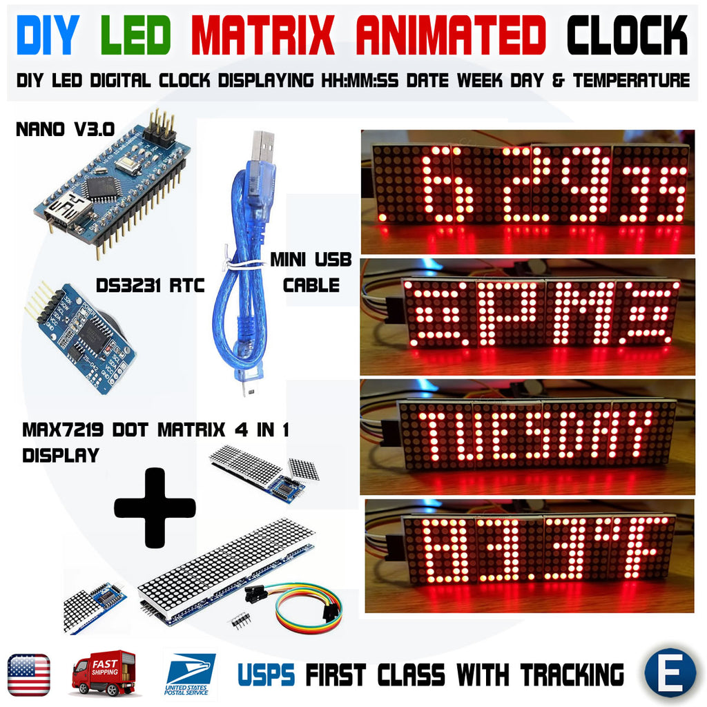 Arduino Digital RED LED Matrix Clock Nano MAX7219 Date Temperature DS3231 RTC DIY - eElectronicParts