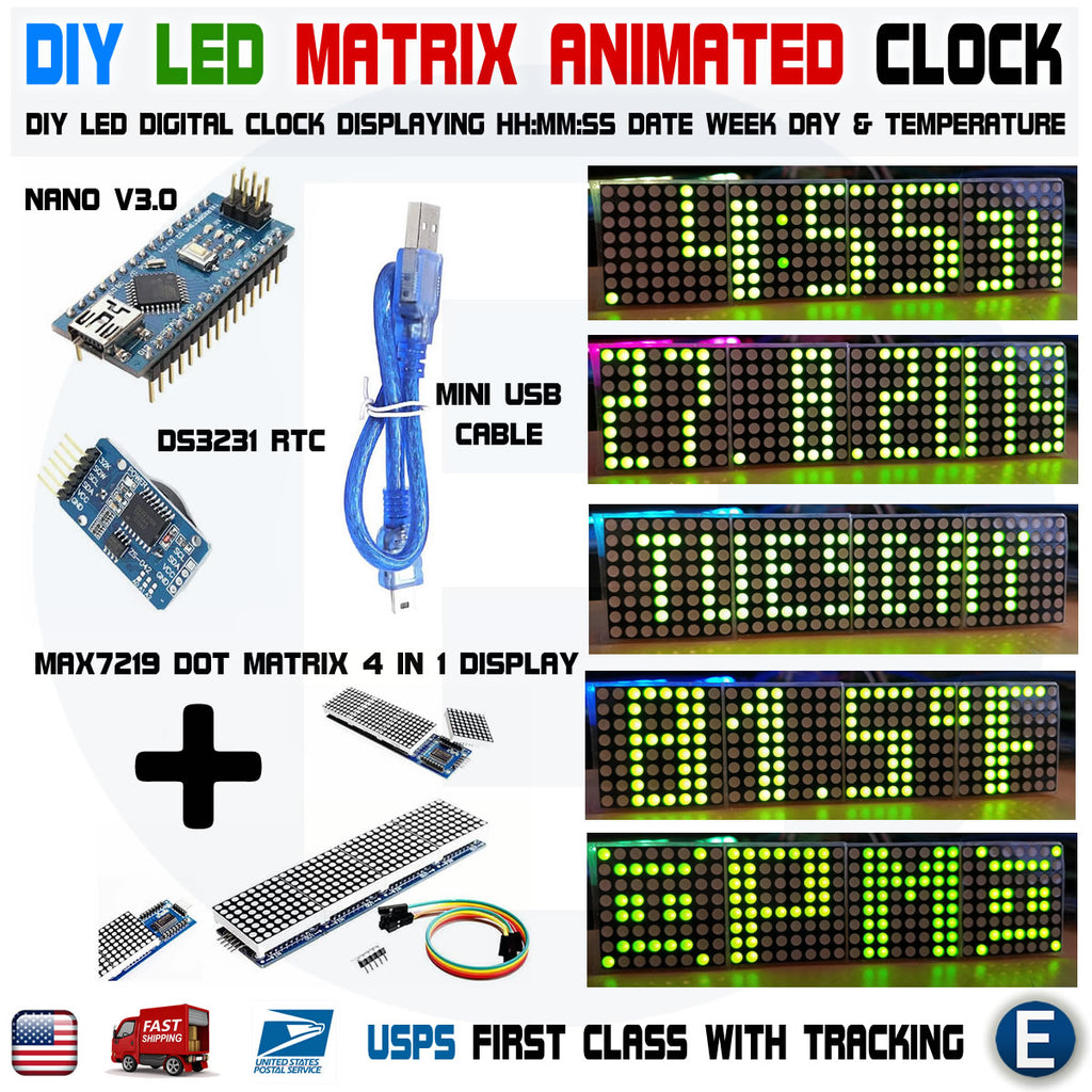 Arduino Digital LED Matrix Clock Nano MAX7219 Date Temperature DS3231 RTC DIY - eElectronicParts