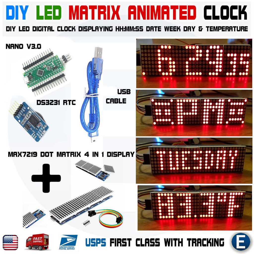 Arduino Digital LED Matrix Clock Nano MAX7219 Date Temperature DS3231 ...