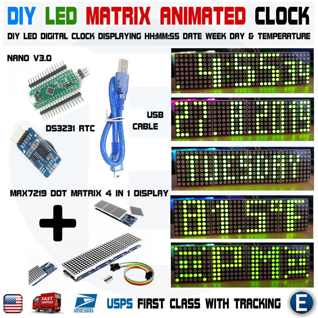Arduino Digital LED Matrix Clock Nano MAX7219 Date Temperature DS3231 RTC DIY GREEN - eElectronicParts