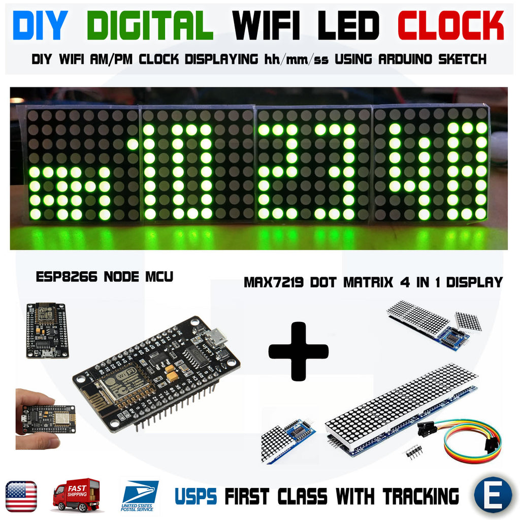 DIY Digital Arduino Clock WIFI GREEN LED Dot Matrix ESP8266 MAX7219 - eElectronicParts