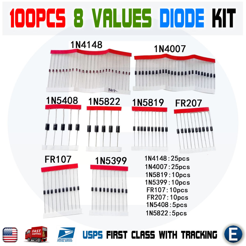 Rectifier Diode Kit 100pcs 8 values 1N4148 1N4007 1N5819 1N5399 1N5408 1N5822 - eElectronicParts